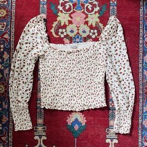 Reformation Pinto Smocked Top Cropped Floral Rose Print Large Cream